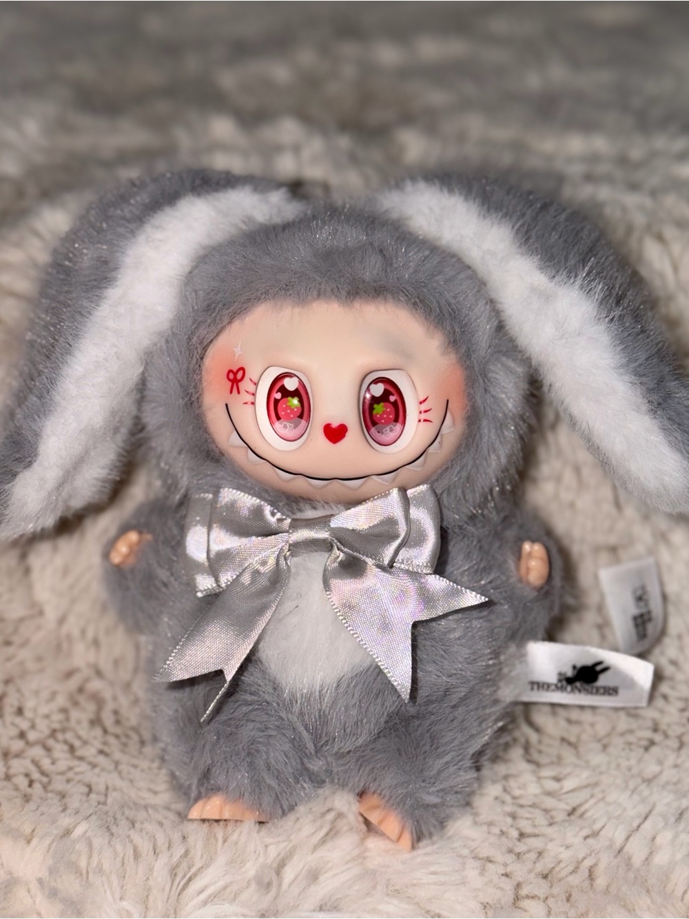 Custom Gray Soft Fluffy Doll Strawberry Heart Eyes Poseable Ears OOAK